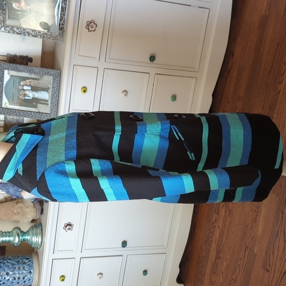 Trench Coat Vesti Striped Blue/ Black/Green Button Front Striped Rainwear Sz 6 - Picture 3 of 10